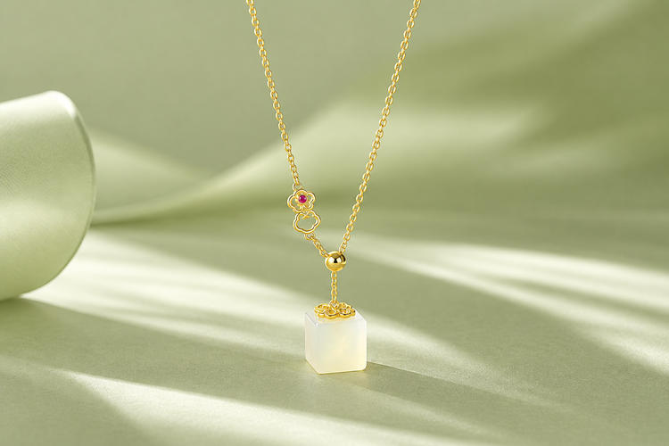 Gold necklace with a pearl-white pendant suspended over sage green