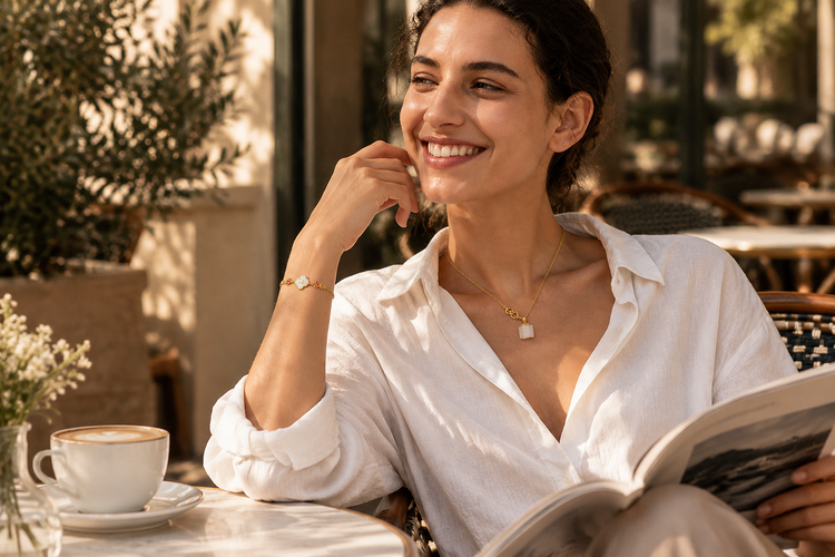 Smiling woman at a sunlit café wearing a gold necklace with a pearl-white pendant and a matching bracelet